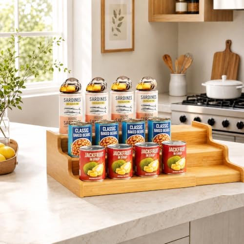Expandable Bamboo Can Rack Organizer for Pantry, 3-Tier Can Storage Holder