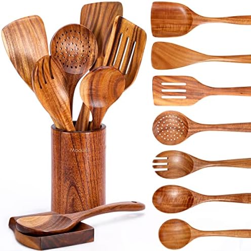 Mooues Wooden Kitchen Utensil Set, 9 Piece Natural Teak with Spoon Rest