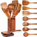 Mooues Wooden Kitchen Utensil Set, 9 Piece Natural Teak with Spoon Rest