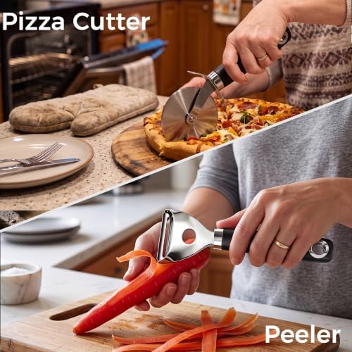 Kitchen 18/0 Stainless Steel Gadgets Utensil Set, Good Grip Utensils, Can Opener, Cheese Grater, Peeler, Pizza Cutter, Garlic Press, 5 Pcs