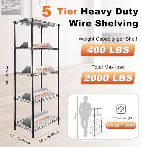 Whitmor 5 Tier Storage Shelves, Heavy Duty Metal Shelving, 400 lbs Capacity per Shelf, 2000 lbs Total, Easy Assembly for Kitchen, Garage, Plant, 18" L x 12" W x 50" H, Black