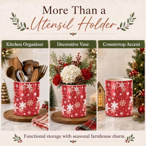 Christmas Snowflake Red Kitchen Utensil Holder, Xmas Winter Large Ceramic Utensil Holder For Countertop Organizer, 6.3'' Cooking Utensil Crocks Festivel Decor Utensil Storage Cup for Kitchen