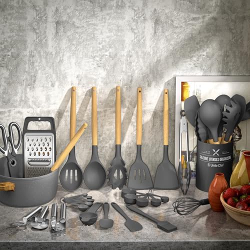 Umite Chef Silicone Kitchen Utensil Set, 34PCS Heat Resistant Kitchen Gadgets and Tools With Grater, Wood Handles for Nonstick Cookware (Dark Gray)
