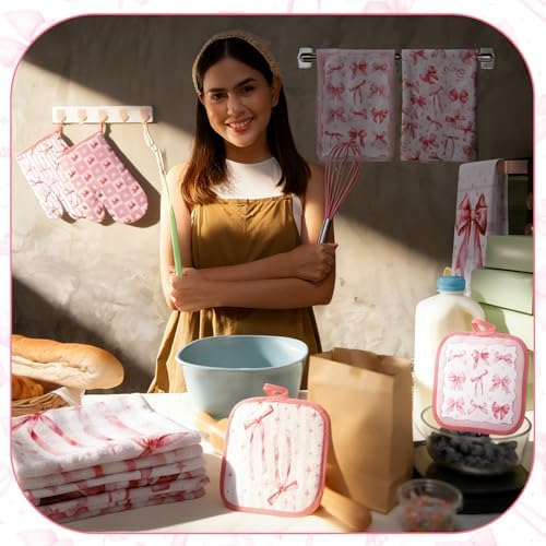 SiliFine 12 Pcs Pink Bow Kitchen Accessories Set Coquette Style