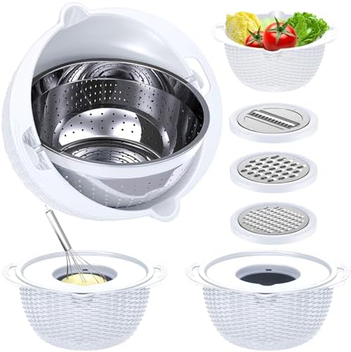 4-1 Strainer with Bowl Set - Rotatable Colander for Kitchen(Patented) - Strainers and Colanders - Pasta Strainer with New Upgraded Graters for Fruit Veggie Fun Kitchen Presents - White