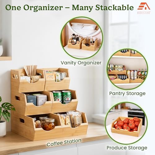 HOMESTEAD 3-Tier Bamboo Pantry Storage Bins – Stackable Potato & Onion Storage Bin with Handles, Fruit Basket & Produce Organizer for Kitchen Countertop, Pantry Organization, Set of 5