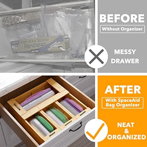 SpaceAid Bag Storage Organizer for Kitchen Drawer, Bamboo Organizer, Compatible with Gallon, Quart, Sandwich and Snack Variety Size Bag (4 Pack), 2.5" High