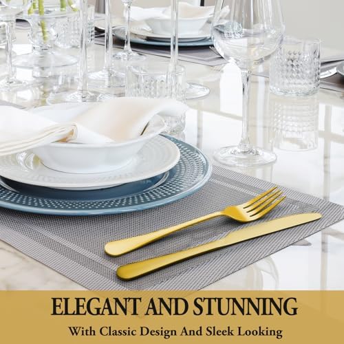 48 Pcs Gold Silverware Set with Steak Knives, Stainless Steel Flatware Cutlery Set for 8, Kitchen Tableware Sets, Utensil Sets for Home and Restaurant, Dishwasher Safe
