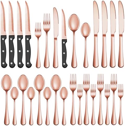 24 Pcs Rose Gold Silverware Set with Steak Knives, Stainless Steel Flatware Cutlery Set for 4, Kitchen Tableware Sets, Utensil Sets for Home and Restaurant, Dishwasher Safe