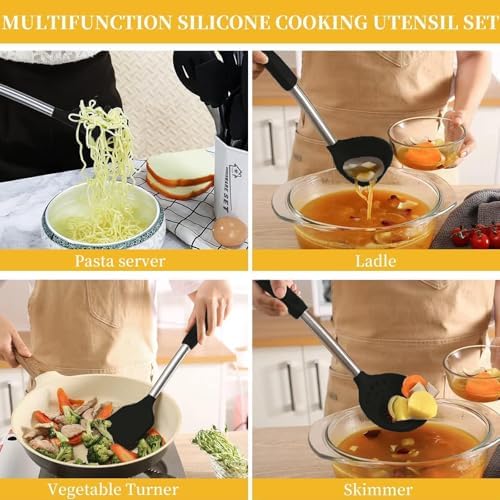 Silicone Kitchen Cooking Utensils Set with Stainless Steel Handle, Spatula Set Utensil Set, Cooking Utensil Set,Kitchen Tools Gadgets for Nonstick Cookware (35, Black)