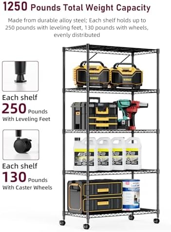 Simple Deluxe Heavy Duty 5-Shelf Storage Shelving Unit, 1250lbs Loading Capacity, 29.92" D x 13.98" W x 61.09" H, Black, 2 Pack