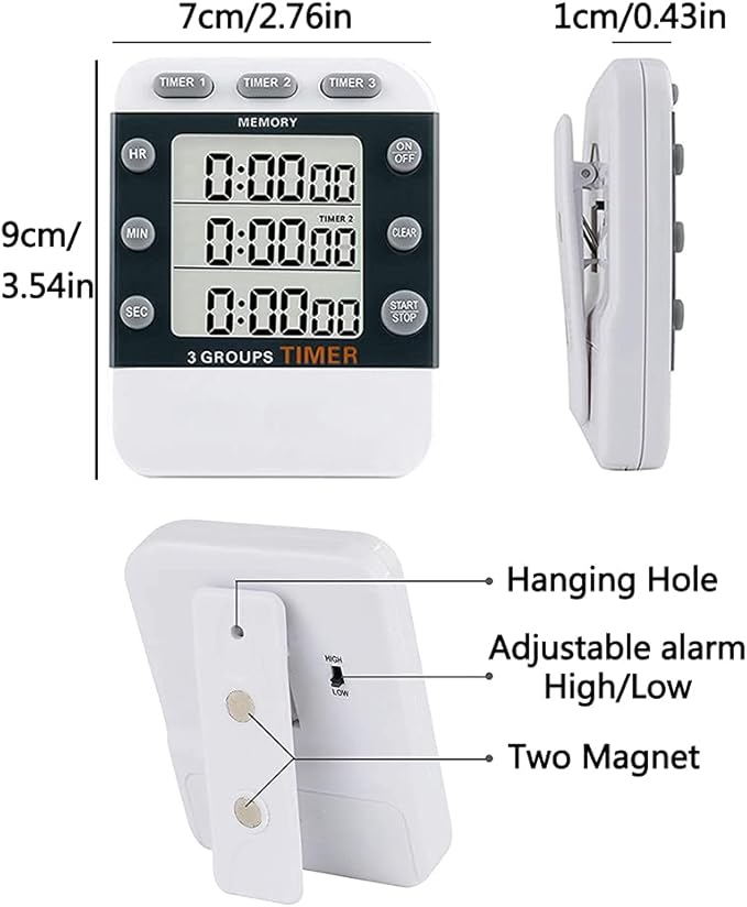 Digital Dual Kitchen Timer for Cooking, 3 Channels Count Down/up Triple Multi - Image 2