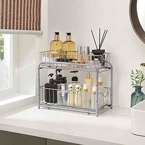 SONGMICS 2-Tier Pull Out Cabinet Organizers, Under Sink Organizer, Bathroom Organizer and Storage, Sliding Basket Drawers, Stackable for Kitchen, Bathroom, Metallic Silver UKCS017E01