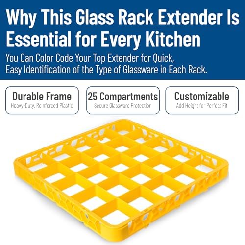 Carlisle FoodService Products OptiClean 25 Compartment Divided Glass Rack Extender for Commercial Dishwashers – Height Extender for Stemware, 3.54" x 3.54" Compartments, Yellow, (Pack of 6)