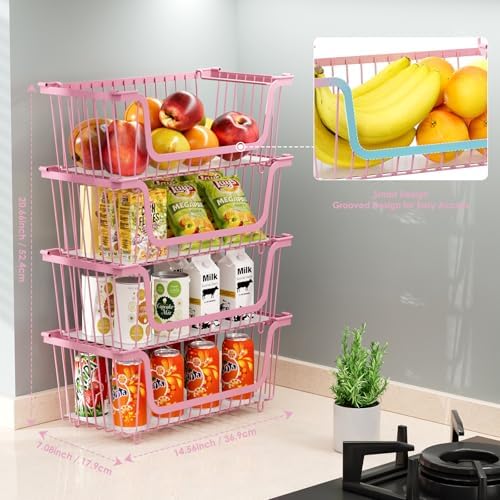 4 Pcs Stackable Wire Baskets for Pantry Organizers and Storage, Pink