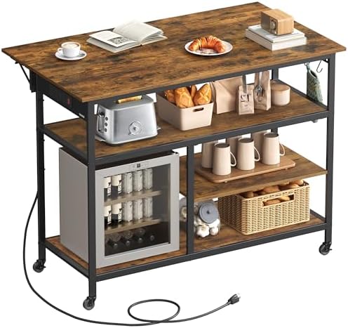 VASAGLE Kitchen Island with Drop Leaf, Power Strip, Pegboard, 47.2" Width