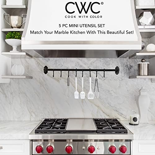 COOK WITH COLOR Silicone Cooking Utensils, Kitchen Utensil Set, Easy to Clean Silicone Kitchen Utensils, Cooking Utensils for Nonstick Cookware, Kitchen Gadgets Set, Mini, Marble White