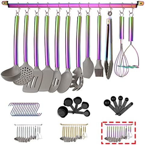 HOMQUEN 38 Piece Silicone Kitchen Cooking Utensils Set with Utensil Rack, Silicone Head and Stainless Steel Handle Cookware, Rainbow Handle with Silicone Head