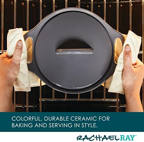 Rachael Ray Solid Glazed Ceramics Casserole Bakeware/Baker Set with Shared Lid, 3 Piece, Dark Gray