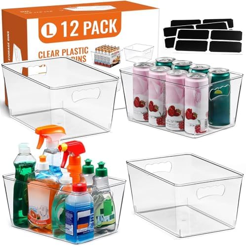 12 PACK LARGE Sturdy Clear Storage Bins, Plastic Home Pantry Organizer Bins