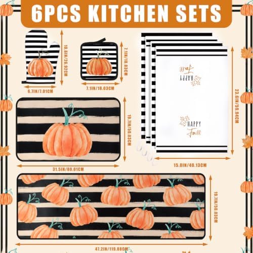 Fanfanwin 10 Pcs Fall Pumpkin Kitchen Decor Set Kitchen Towels Pot Holders Oven Mitts and Rugs Set Thanksgiving Towels for Baking Cooking BBQ Autumn Home(Stripe Pumpkins,Black, White, Orange,10)