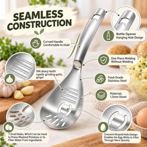 5-in-1 Stainless Steel Cooking Spoon, Multipurpose Stainless Steel Kitchen Spoon, Egg Yolk Separator, Potato Garlic Masher, Grater Plate, Bottle Opener & Slotted Spoon