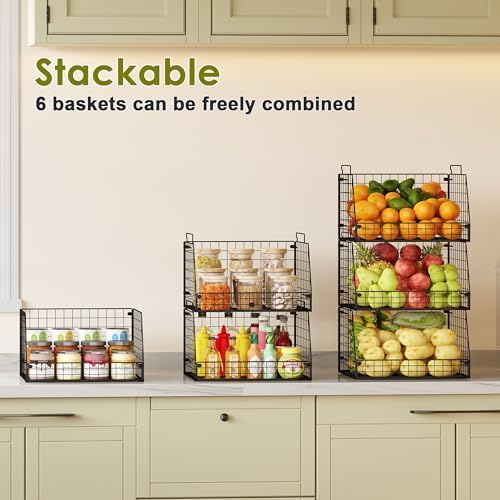 Jakyitvi 6 Pack Stackable Wire Baskets for Pantry,6 Pank Metal Pantry Organizer Storage Bins for Kitchen Snack, Fruit, Potato, Onion & Vegetable Storage, Wire Baskets for Pantry Organization