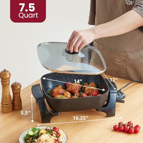 Elite Gourmet 7.5Qt Nonstick Electric Skillet, 12"x12", Extra-Deep 3.2"