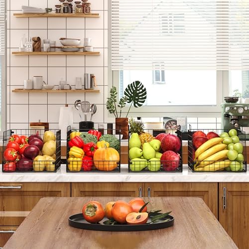 Jakyitvi 4 Pack XXL Stackable Wire Storage Basket, Extra Large Capacity Pantry Organizer and Storage, Muti-Purpose for Fruit Vegetable Basket & Toy Bin & Snack Organizer