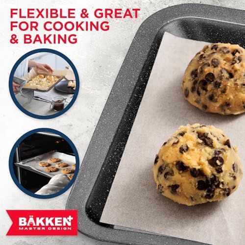 BAKKEN 3-Piece Kitchen Baking Pans - Small, Medium, and Large Cookie Pan, With Nonstick Coating, Stackable and Space-saving Design, PFOA, PFOS, PTFE Free, Oven Safe Tray (Up To 450°F), Gray Marble