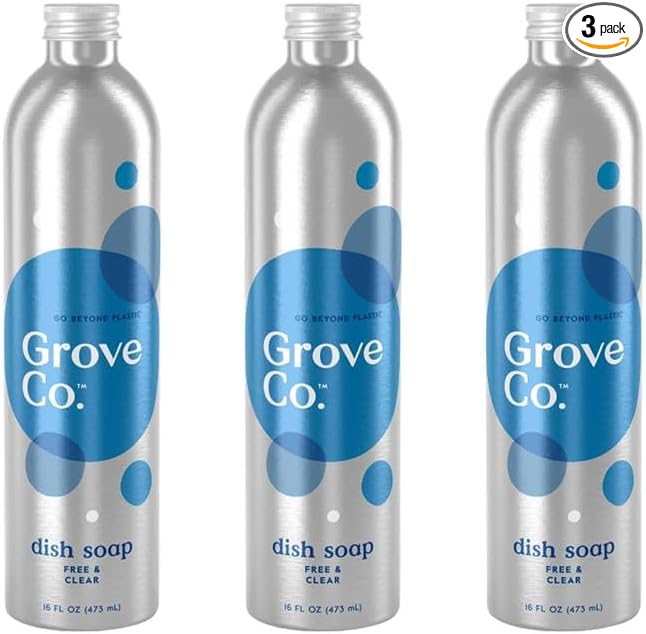 Grove Co. Dish Soap Refills, 3 x 16 fl oz Refills, Free & Clear | Plastic-Free; Removes Stuck on Food; USDA Biobased; 98% plant-based ingredients; Natural Fragrance