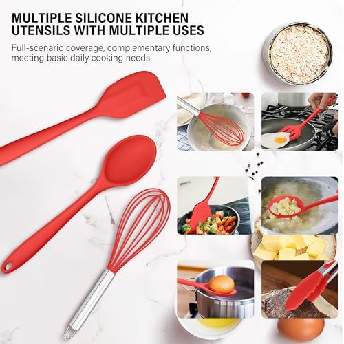 HaWare 11 PCS Silicone Cooking Utensils Set, Heat Resistant Kitchen Utensils with Holder, Food-grade Spatula Sets for Nonstick Cookware, Kitchen Tools Gadgets Include Fish Turner, Spoon (Red)