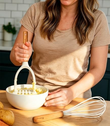 Large Silicone Cooking Utensils Set, 10Pcs Nonstick Kitchen Utensil Set with Wooden Handle, Heat Resistant Silicone Utensils for Cooking, BPA Free Set with Turners Spoon Ladle Skimmer(Cream White)