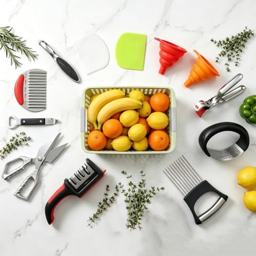 13-Piece Kitchen Gadget Set (Includes Storage Basket) — Features Kitchen Shears, Garlic Press, Knife Sharpener, Julienne Peeler, Standard Peeler, Anti-Scald Tongs (13 PCS)