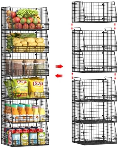 Jakyitvi 6 Pack Stackable Wire Baskets for Pantry,6 Pank Metal Pantry Organizer Storage Bins for Kitchen Snack, Fruit, Potato, Onion & Vegetable Storage, Wire Baskets for Pantry Organization