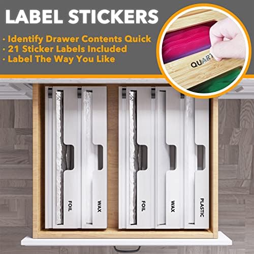 SpaceAid WrapNeat 3 in 1 Wrap Organizer with Cutter and Labels, Plastic Wrap, Aluminum Foil and Wax Bamboo Dispenser for Kitchen Storage Organization Holder for 12" Roll (White)