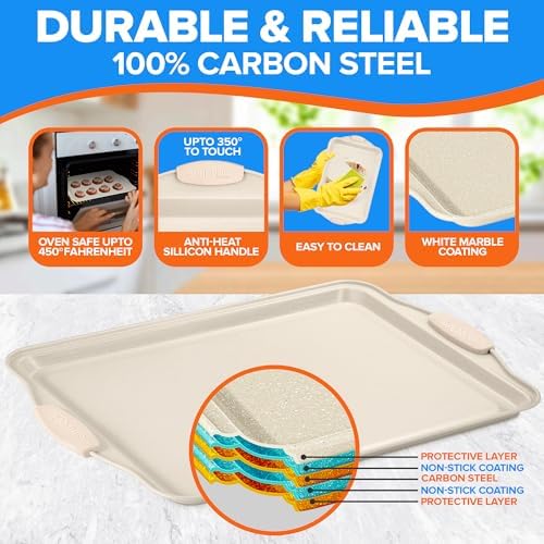 Emporio Kitchen Baking Pan Set - Nonstick Coating, Carbon Steel Bakeware Set with White Silicone Handle, PFOA, PFOS, PTFE Free, Recipe Booklet Included, Oven Safe Tray (Up To 450° F) Set of 25 - White