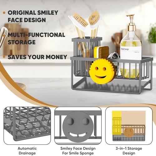 Sponge Holder for Kitchen Sink,Smiley Face Sink Caddy with Removable Brush Holder,Self-Draining Sponge Caddy for Soap,Dish Brush,Scrubber,Kitchen Essentials and Gadgets-Charcoal Gray