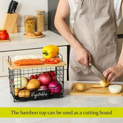 2 Set XL Stackable Wire Basket with Bamboo Tops & Tags- Pantry Organizer and Storage Bins, Kitchen Counter Cabinet Shelf Countertop Under Sink Organizing, Food Snack Produce Onion Potato Bread Storage