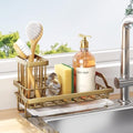 Consumest Sink Caddy, Kitchen Sponge Holder with Dish Brush Holder, Kitchen Sink Organizer with Drip Tray for Countertop, Stainless Steel Rustproof - Gold