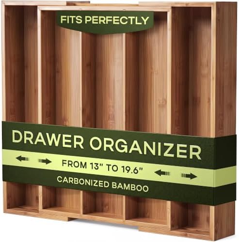 ROYAL CRAFT WOOD Carbonized Bamboo Kitchen Drawer Organizer - Silverware Organizer - Utensil Holder and Cutlery Tray with Grooved Drawer Dividers for Flatware and Kitchen Utensils, 5 Slot