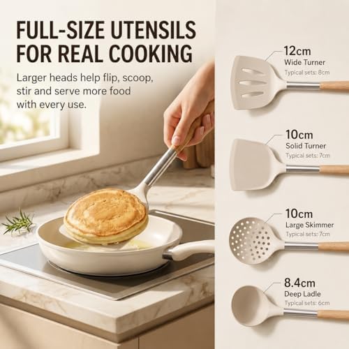 Silicone Kitchen Utensils Set, 9 Pcs Full-Size Non-Toxic Cooking Utensils with Wooden Handles & Stainless Steel Core, Heat Resistant Food Grade Kitchen Gadgets for Nonstick Cookware