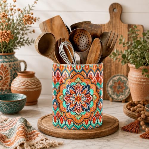 Orange Bohemian Kitchen Utensil Holder, Boho Style Ceramic Utensil Holder For Countertop Organizer, 6.3'' Winter Cooking Utensil Crocks Festivel Decor Utensil Storage Cup for Spatulas, Spoons