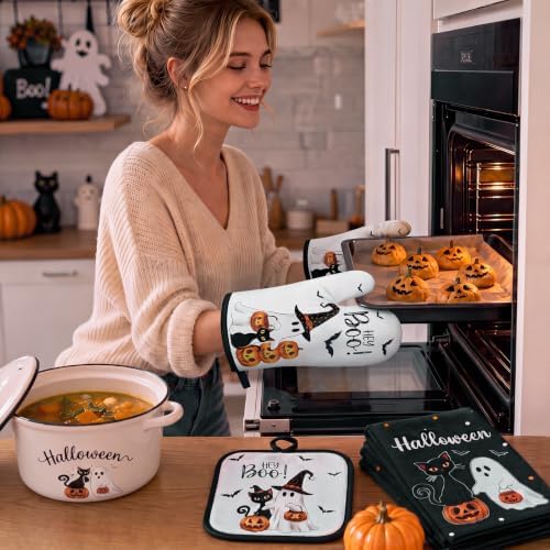 FoldTier 6 Pcs Halloween Kitchen Decoration Set Towel Pot Holder Oven Mitt