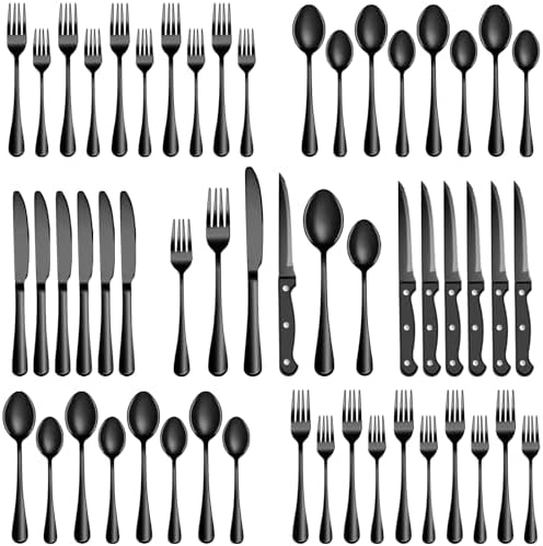 72 Pcs Black Silverware Set with Steak Knives, Stainless Steel Flatware Cutlery Set for 12, Kitchen Tableware Sets, Utensil Sets for Home and Restaurant, Dishwasher Safe