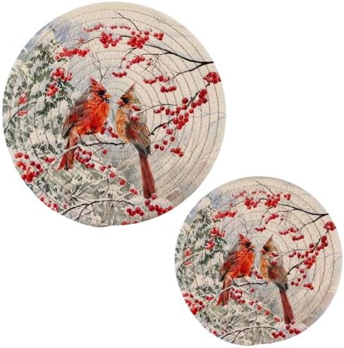 Ornamental Woven Kitchen Set of 2 Potholders Trivets, Christmas Branch Couple Cardinal Hot Mats Coasters Placemats for Cooking Baking Hot Dish Pan Pot Bowl Teapot(7&9 Inches Diameter)