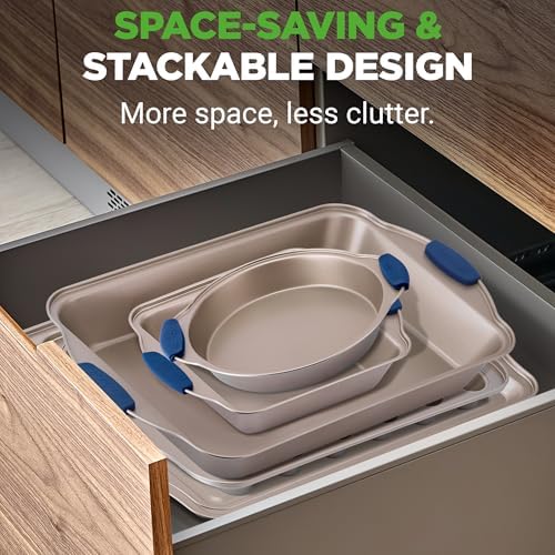 NutriChef Kitchen Oven Baking Pans - Deluxe Nonstick Gold Coating Inside & Outside Carbon Steel Bakeware Set With Blue Silicone Handles, Durable & Reliable Cookie Sheet Oven Pan Style