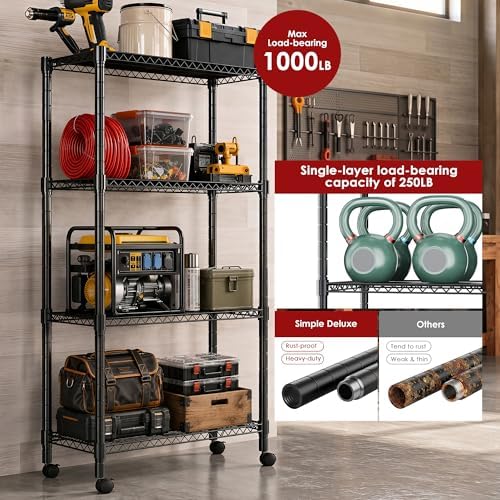Simple Deluxe 4-Tier Heavy Duty Adjustable Storage Shelf with Wheels, 23.23”W x 17.63”D x 47.24”H, Wide Mobile Metal Shelving Unit, Easy Assembly for Living Room, Office,Black