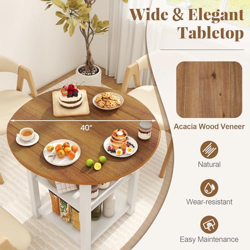 COSTWAY Folding Round Dining Table, Drop Leaf Table with 2 Shelves for Small Spaces, Foldable Office Table with 2-Layer Storage Rack, Versatile Console Table for Living Room, Dining Room, Kitchen