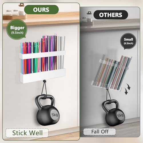 Malldii 9.5" Large Acrylic Straw Holder for Cabinet Door - Reusable Tumbler Straw Organizer Storage, Small Kitchen Accessories Container, Ultra Sticky Cupboard Door Mounted (White)
